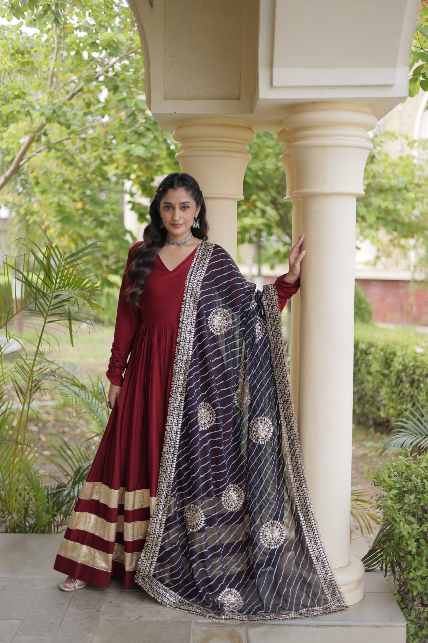Reyon Gown with Gota Patti Lace Work and Leheriya Printed Georgette Dupatta
