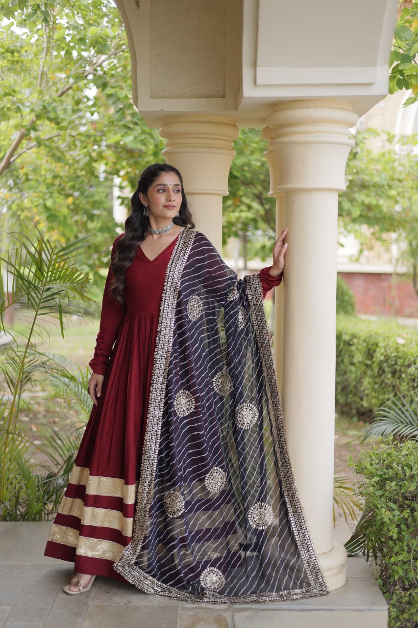 Reyon Gown with Gota Patti Lace Work and Leheriya Printed Georgette Dupatta