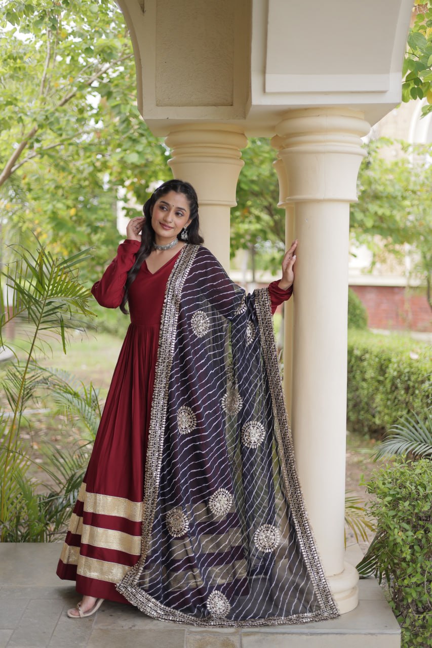 Reyon Gown with Gota Patti Lace Work and Leheriya Printed Georgette Dupatta