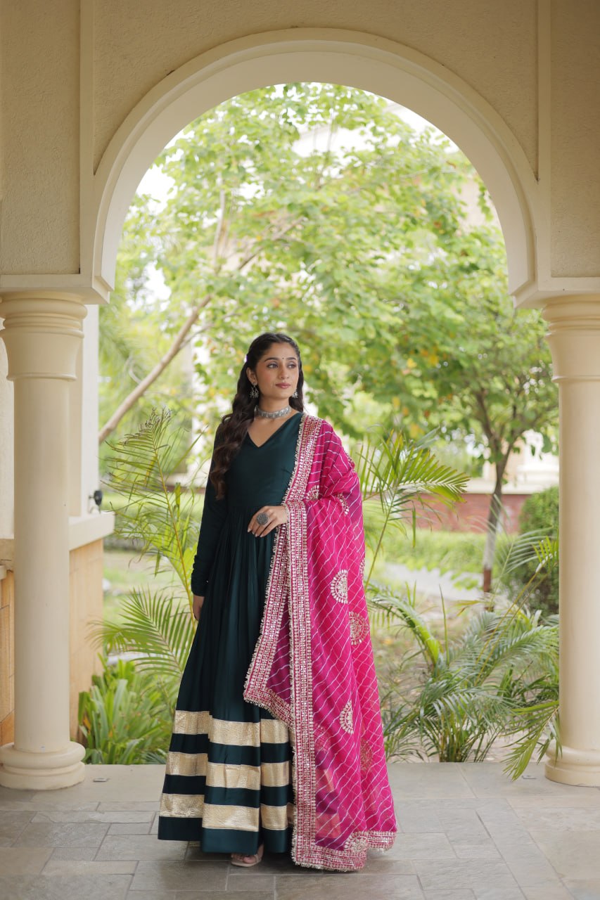 Reyon Gown with Gota Patti Lace Work and Leheriya Printed Georgette Dupatta