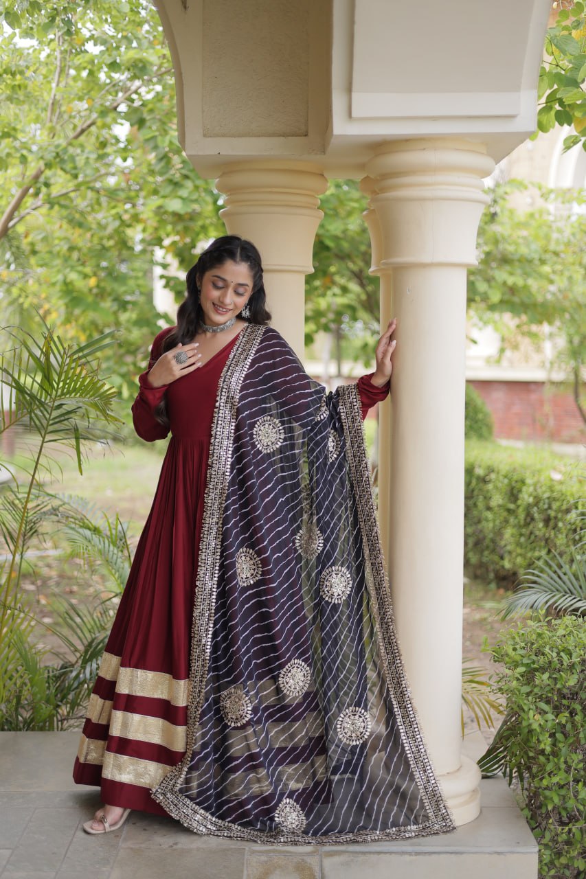 Reyon Gown with Gota Patti Lace Work and Leheriya Printed Georgette Dupatta