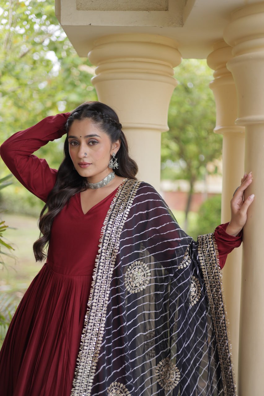 Reyon Gown with Gota Patti Lace Work and Leheriya Printed Georgette Dupatta
