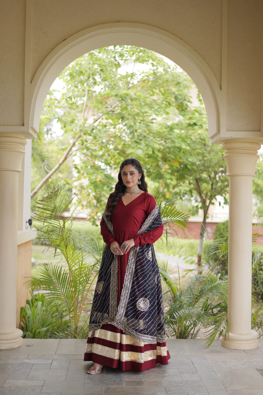 Reyon Gown with Gota Patti Lace Work and Leheriya Printed Georgette Dupatta