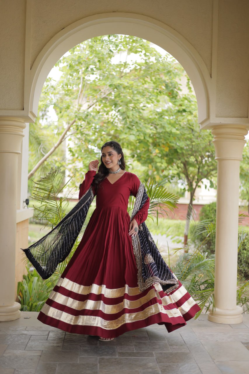 Reyon Gown with Gota Patti Lace Work and Leheriya Printed Georgette Dupatta