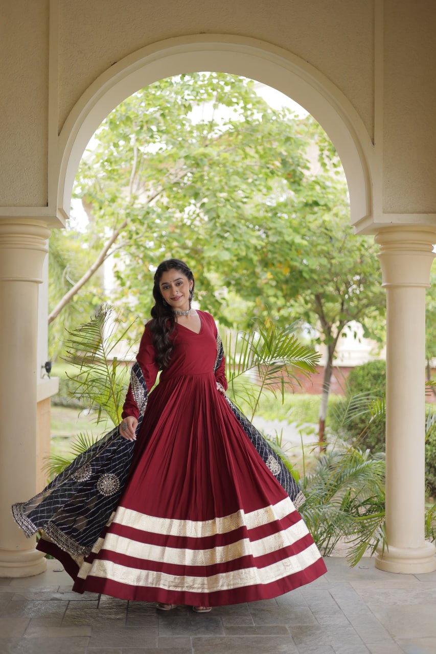 Reyon Gown with Gota Patti Lace Work and Leheriya Printed Georgette Dupatta