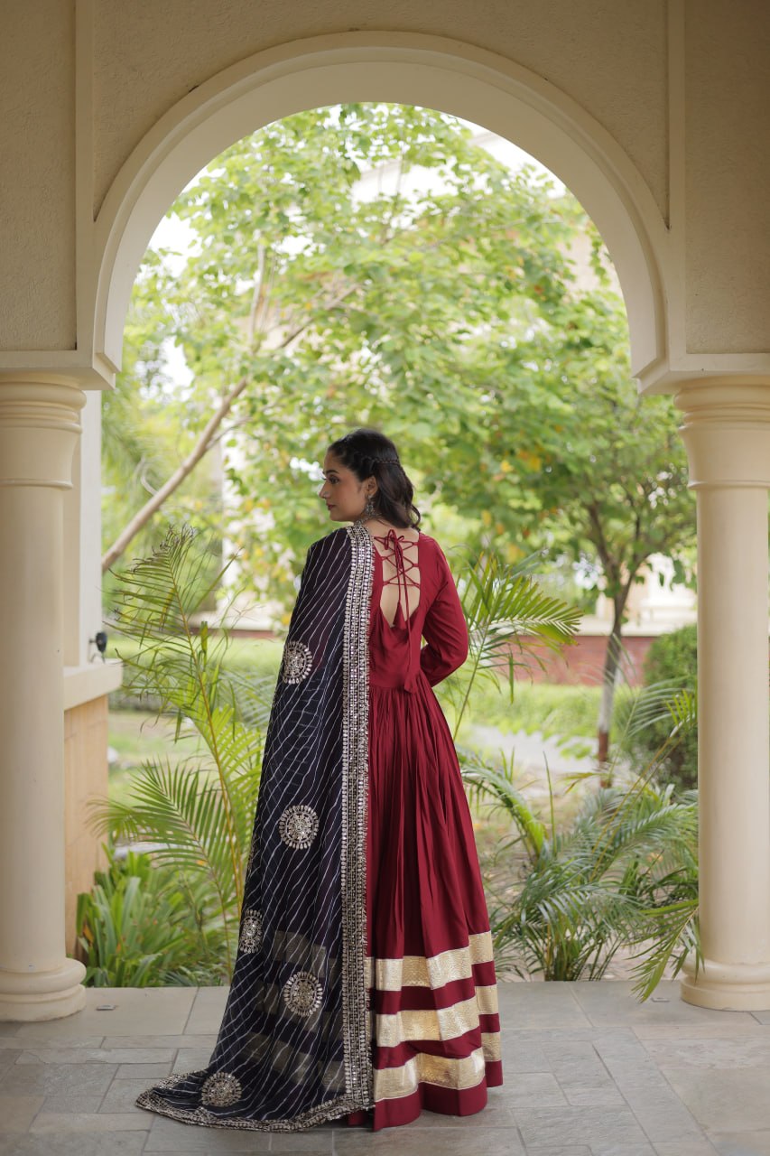 Reyon Gown with Gota Patti Lace Work and Leheriya Printed Georgette Dupatta