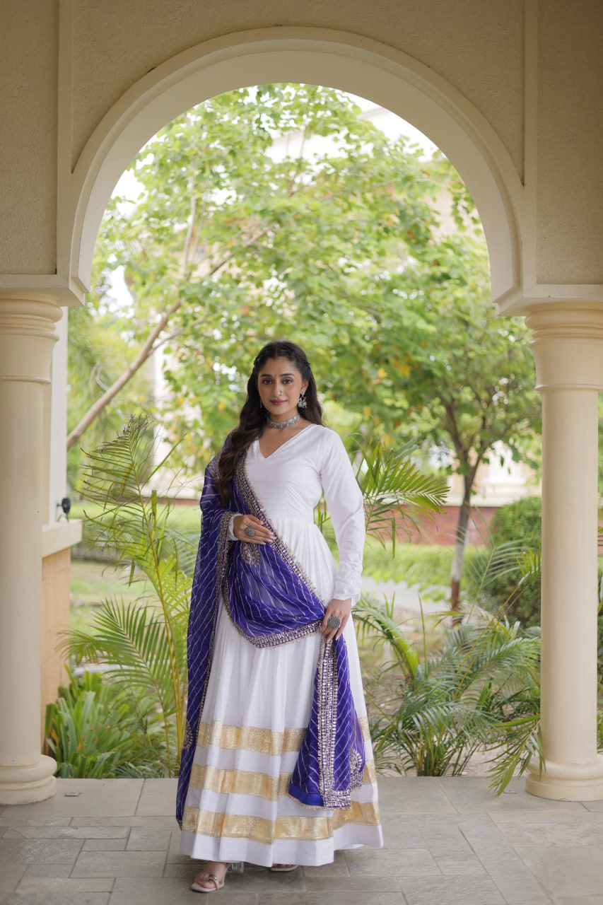 Reyon Gown with Gota Patti Lace Work and Leheriya Printed Georgette Dupatta