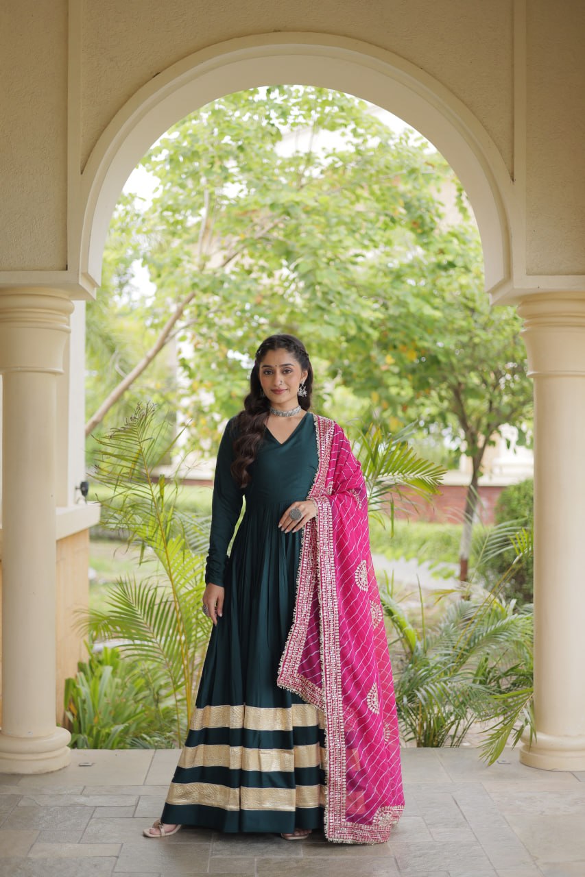Reyon Gown with Gota Patti Lace Work and Leheriya Printed Georgette Dupatta