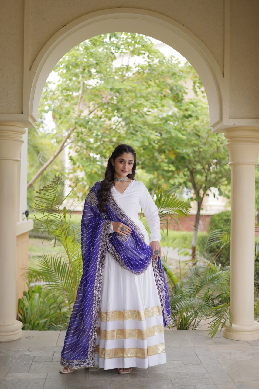 Reyon Gown with Gota Patti Lace Work and Leheriya Printed Georgette Dupatta