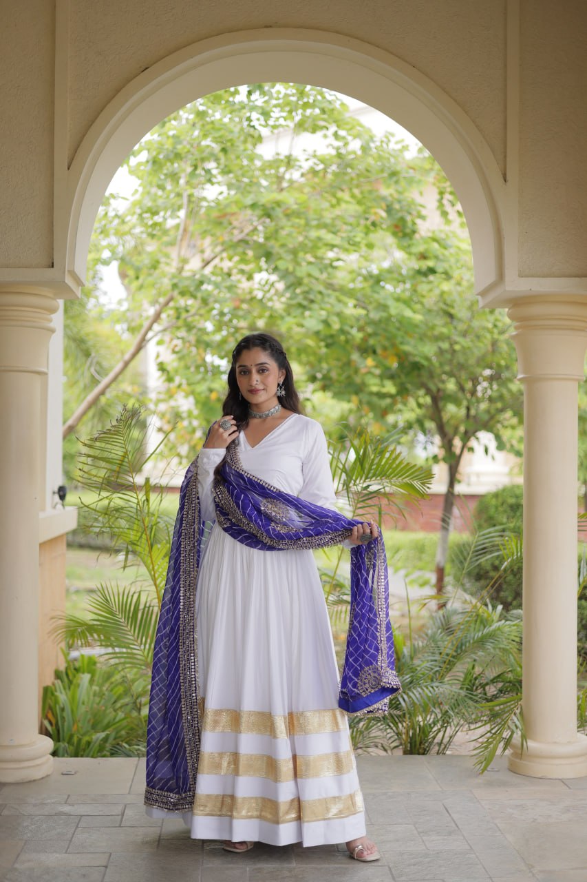 Reyon Gown with Gota Patti Lace Work and Leheriya Printed Georgette Dupatta