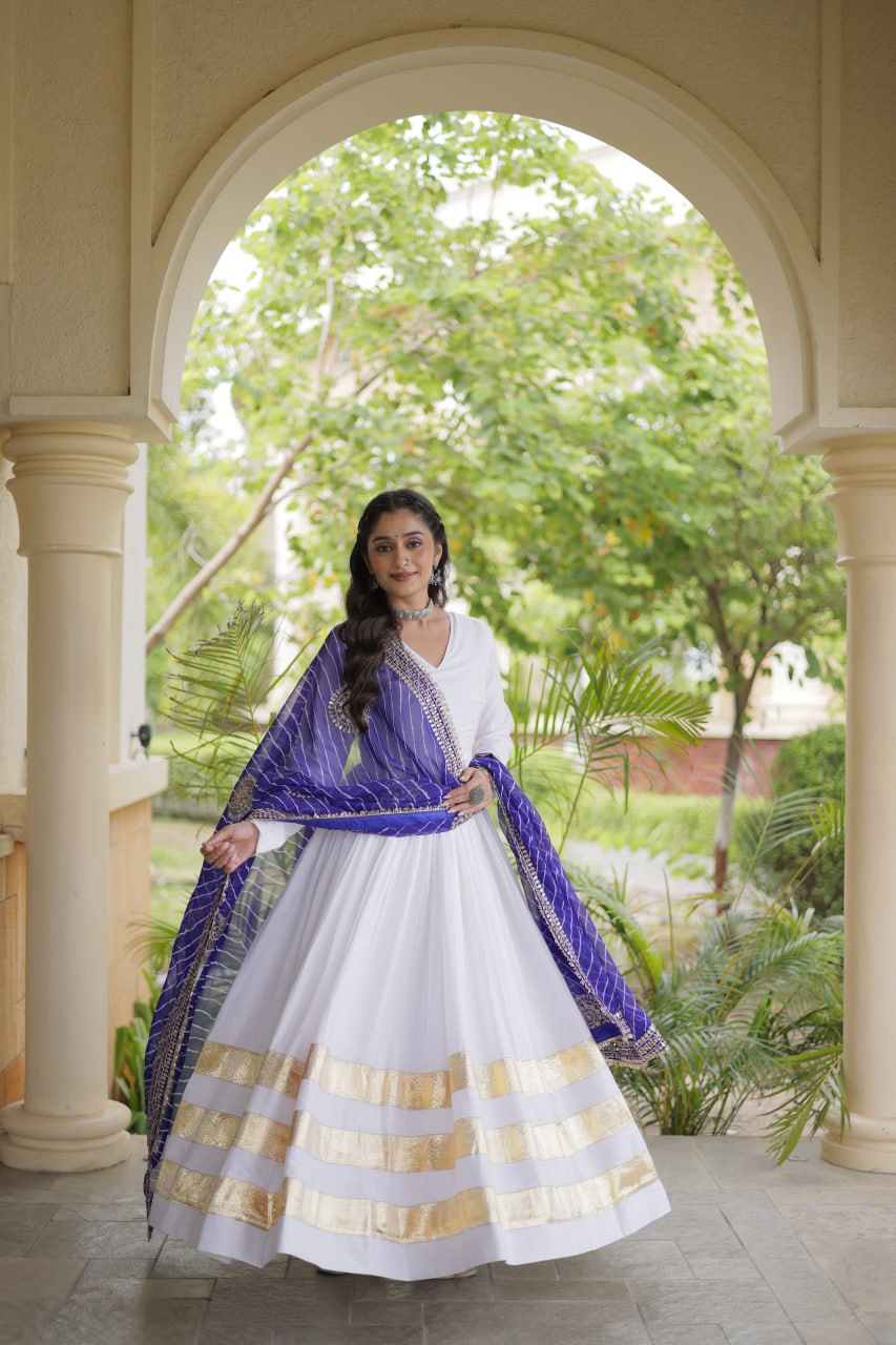 Reyon Gown with Gota Patti Lace Work and Leheriya Printed Georgette Dupatta