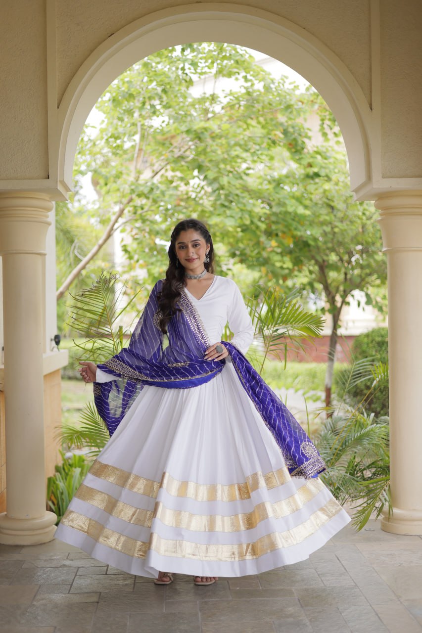 Reyon Gown with Gota Patti Lace Work and Leheriya Printed Georgette Dupatta