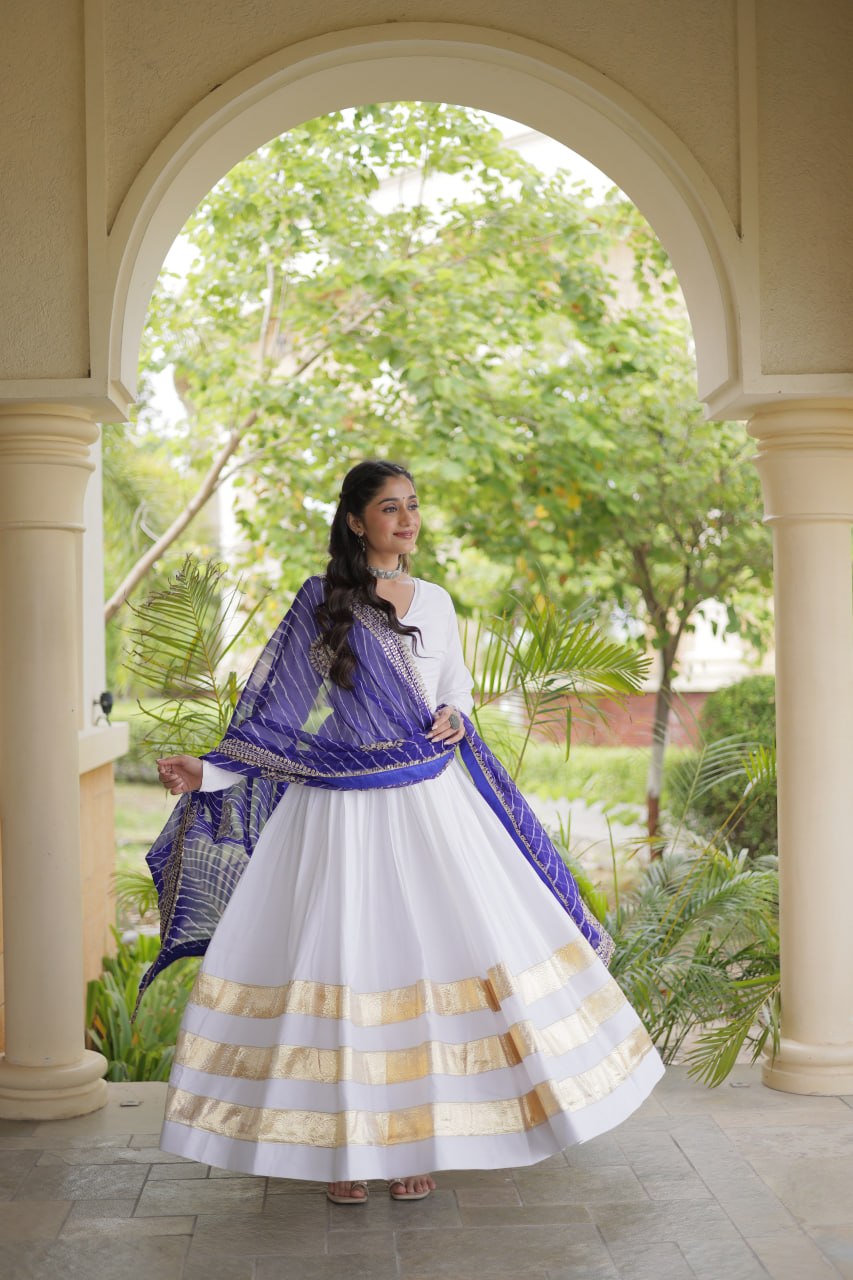 Reyon Gown with Gota Patti Lace Work and Leheriya Printed Georgette Dupatta