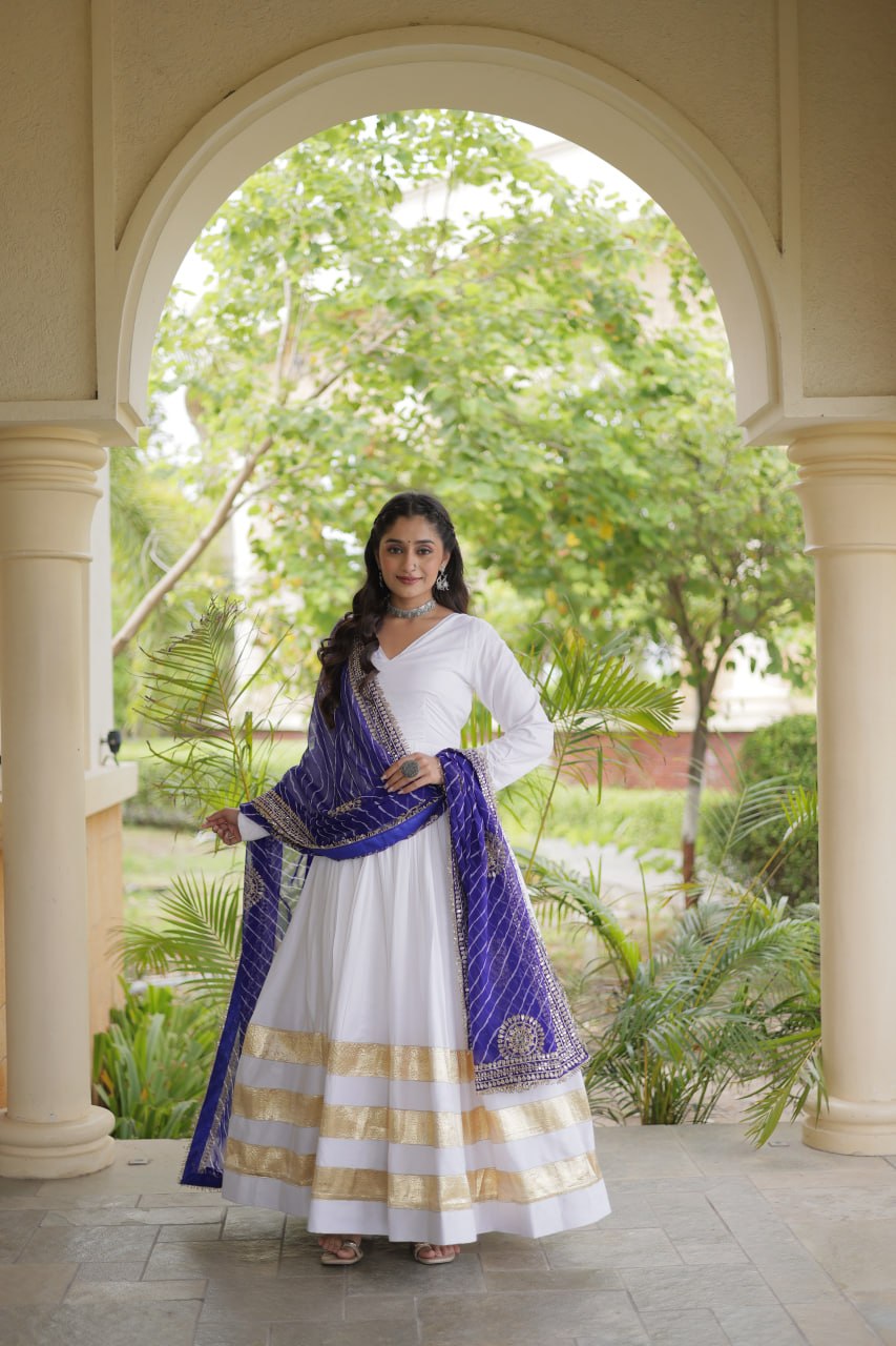 Reyon Gown with Gota Patti Lace Work and Leheriya Printed Georgette Dupatta