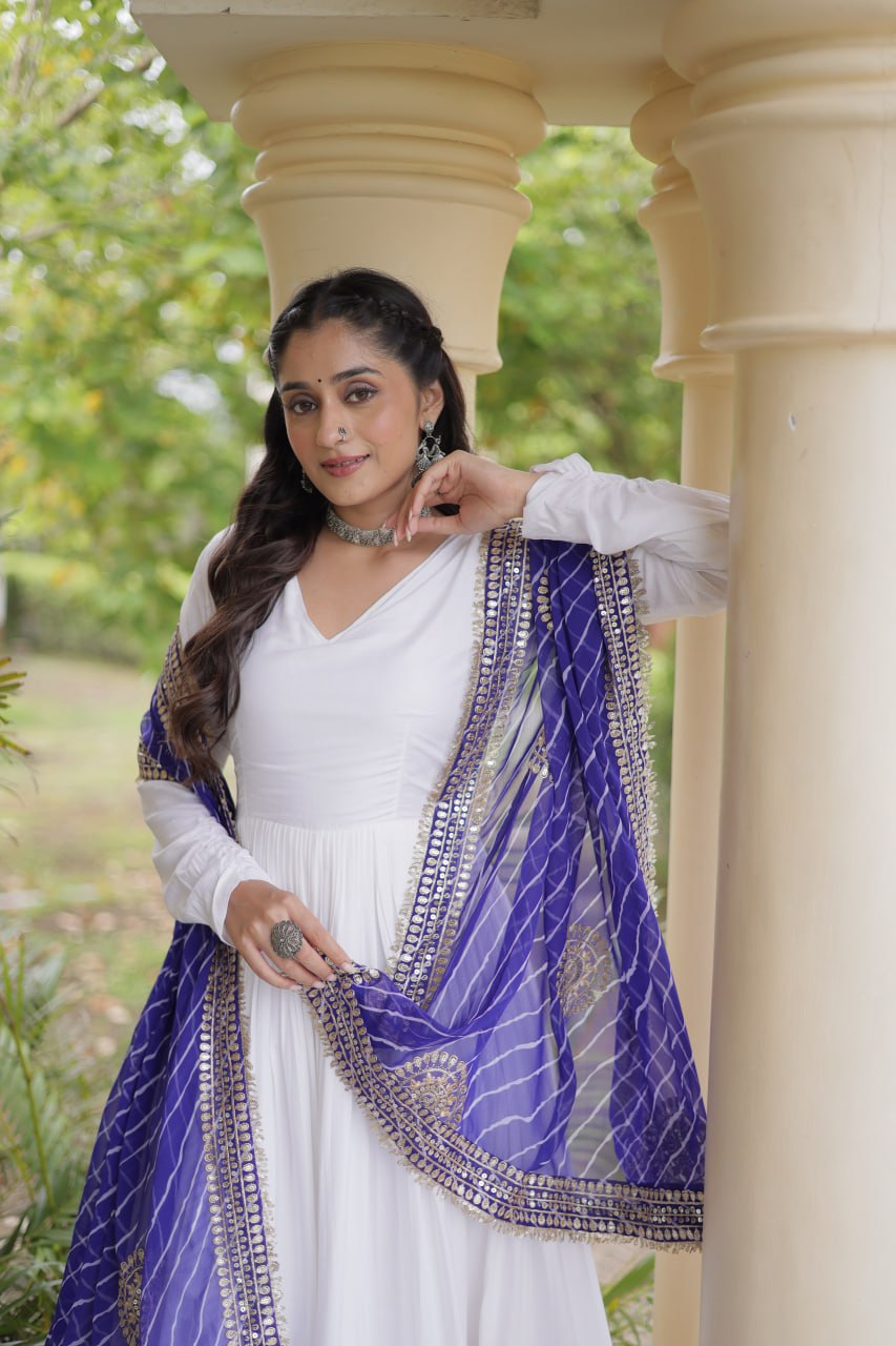 Reyon Gown with Gota Patti Lace Work and Leheriya Printed Georgette Dupatta
