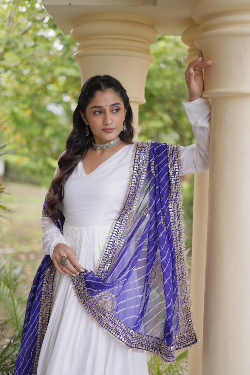 Reyon Gown with Gota Patti Lace Work and Leheriya Printed Georgette Dupatta