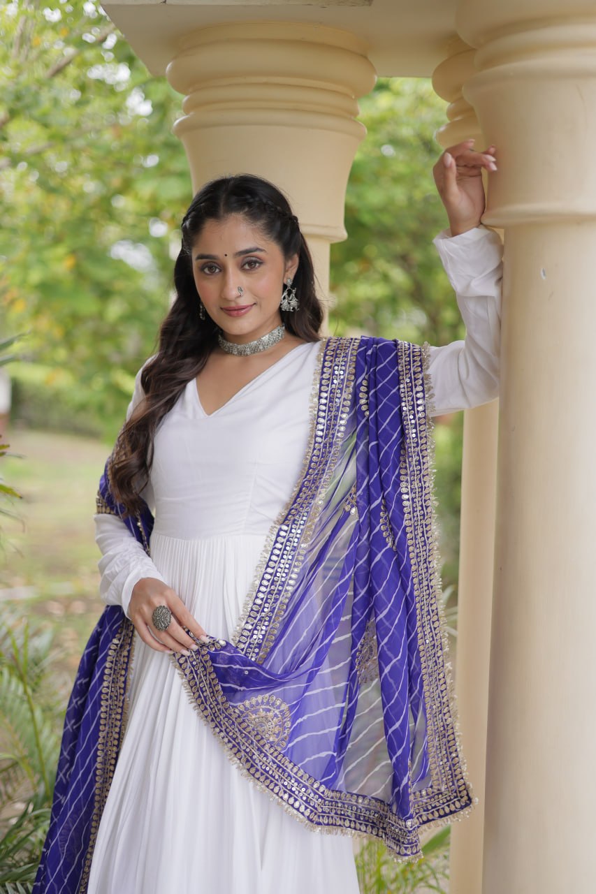 Reyon Gown with Gota Patti Lace Work and Leheriya Printed Georgette Dupatta