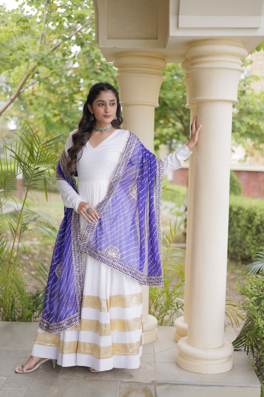 Reyon Gown with Gota Patti Lace Work and Leheriya Printed Georgette Dupatta