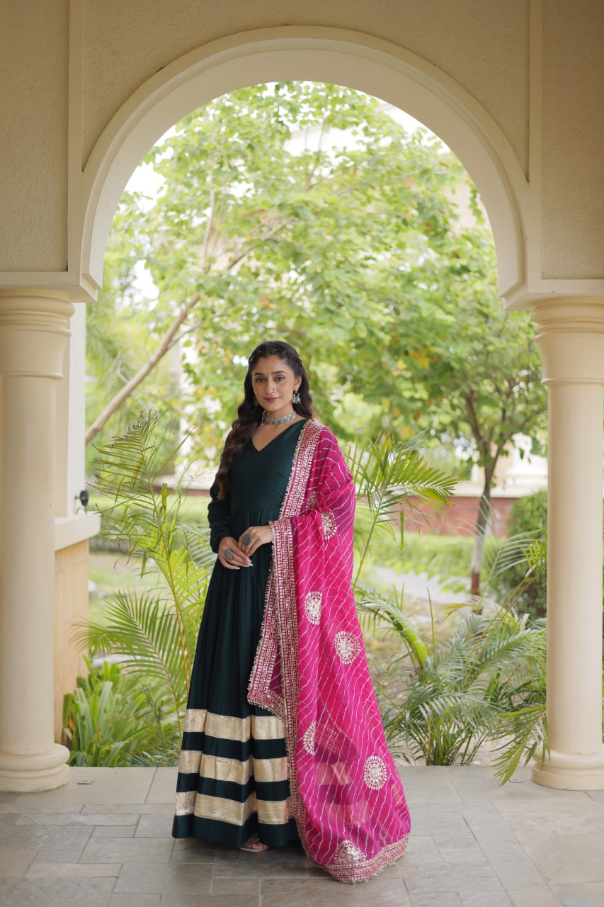 Reyon Gown with Gota Patti Lace Work and Leheriya Printed Georgette Dupatta