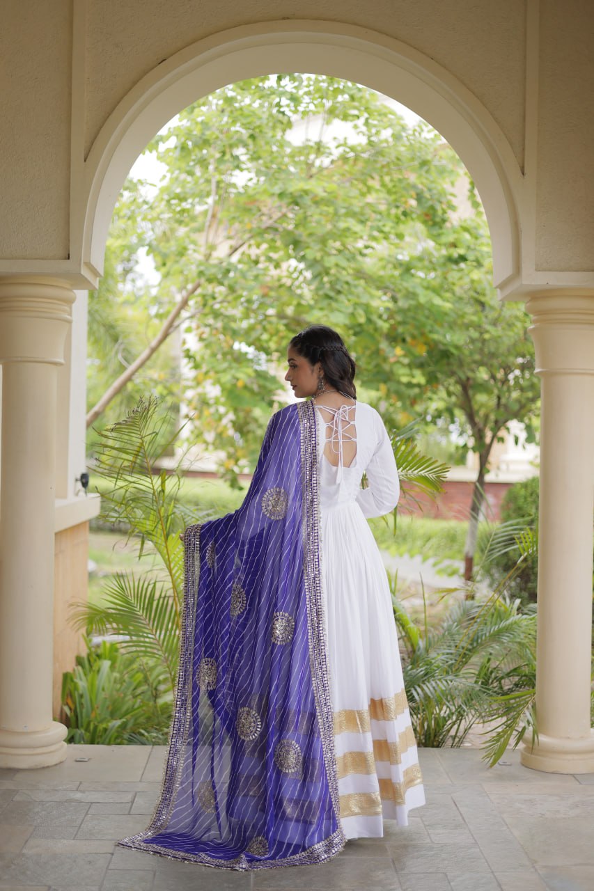 Reyon Gown with Gota Patti Lace Work and Leheriya Printed Georgette Dupatta