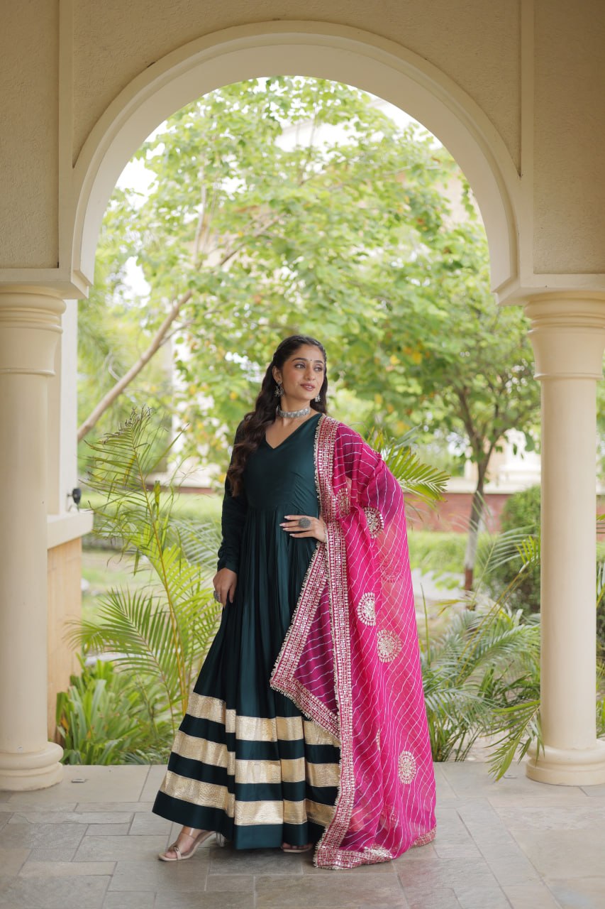 Reyon Gown with Gota Patti Lace Work and Leheriya Printed Georgette Dupatta