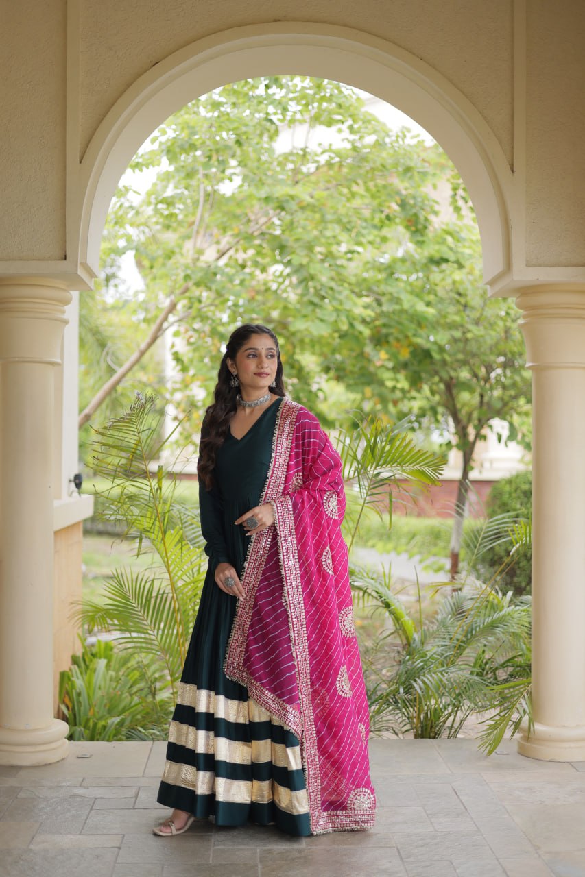 Reyon Gown with Gota Patti Lace Work and Leheriya Printed Georgette Dupatta