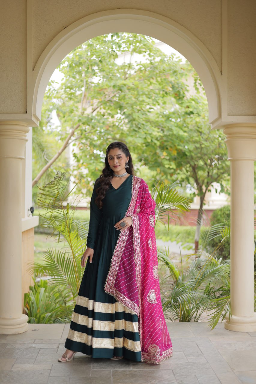 Reyon Gown with Gota Patti Lace Work and Leheriya Printed Georgette Dupatta