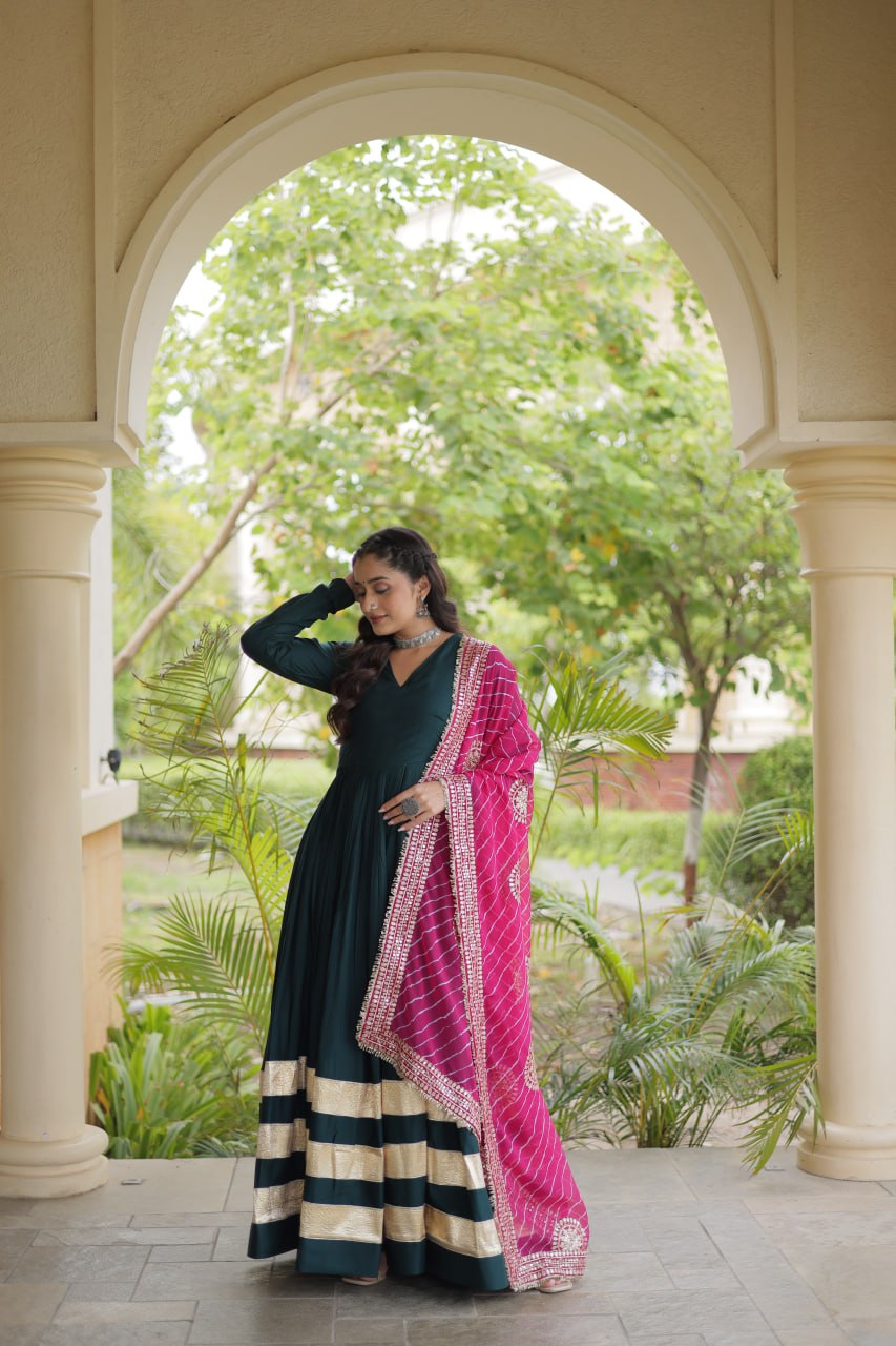 Reyon Gown with Gota Patti Lace Work and Leheriya Printed Georgette Dupatta