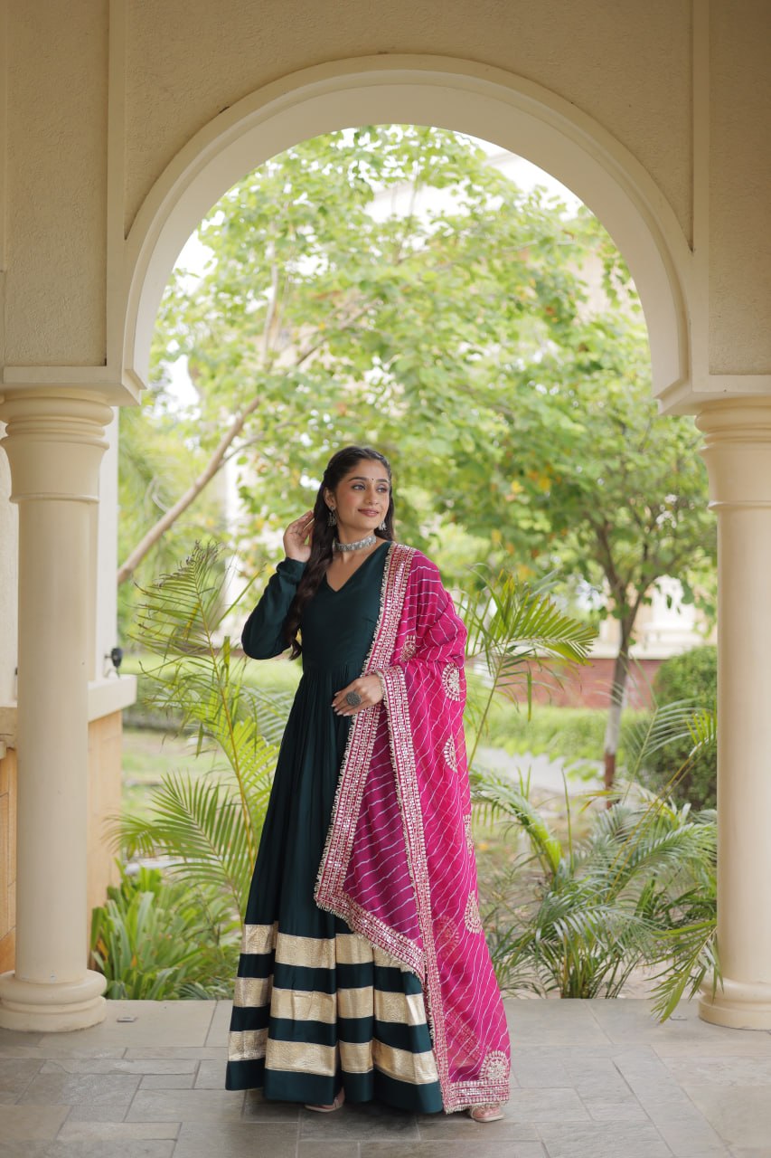 Reyon Gown with Gota Patti Lace Work and Leheriya Printed Georgette Dupatta