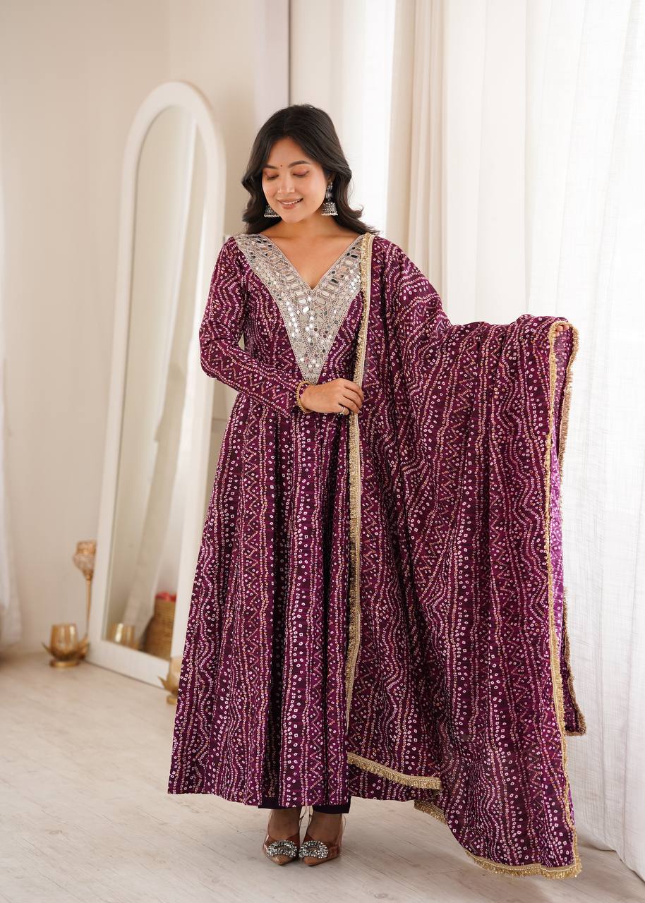 Reyon Embroidered Gown with Pant and Dupatta for Festive Occasions