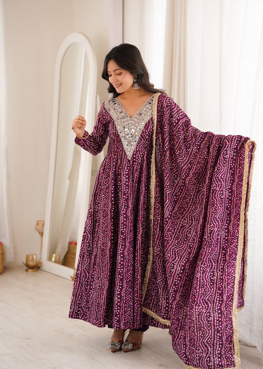 Reyon Embroidered Gown with Pant and Dupatta for Festive Occasions