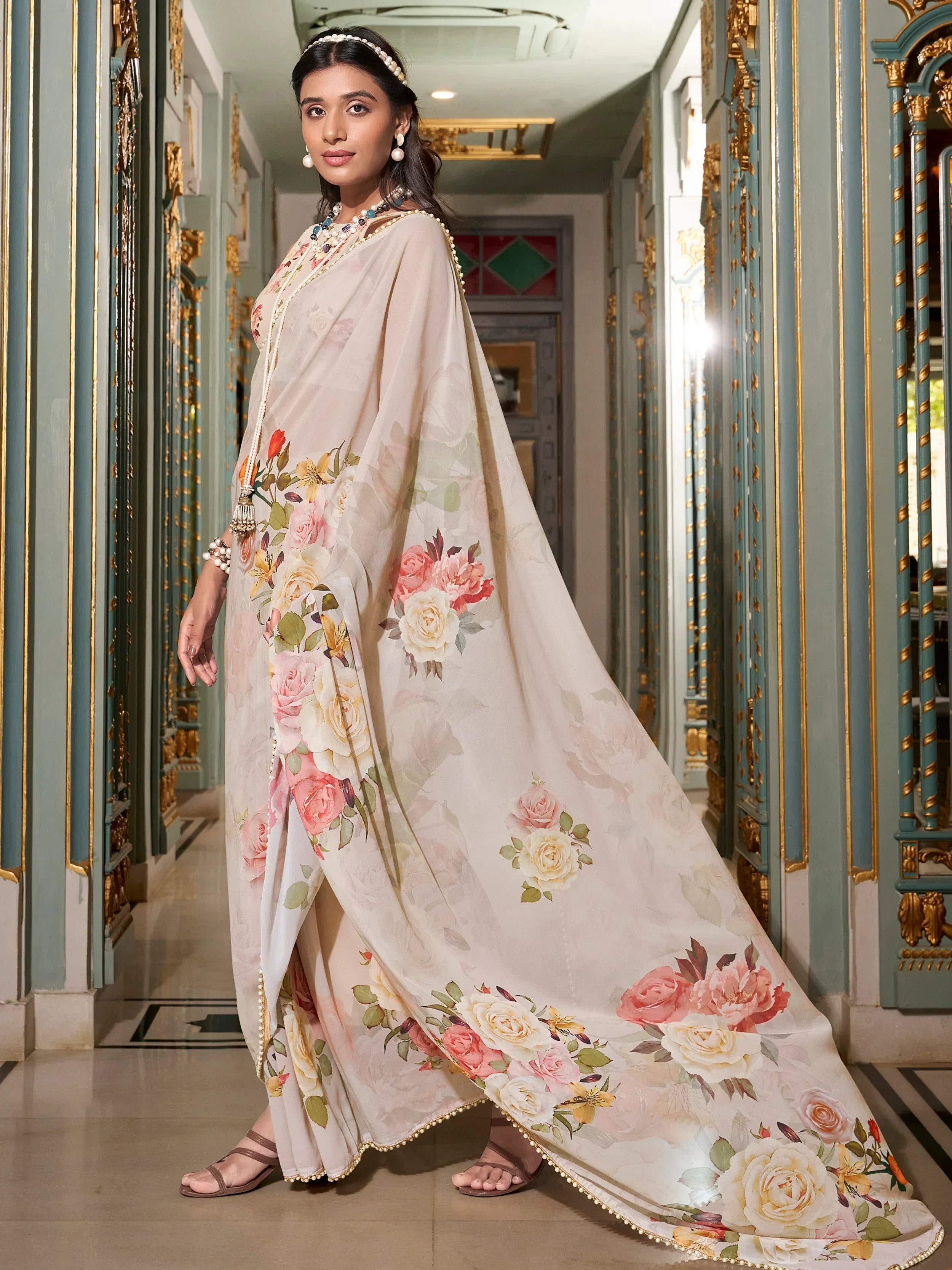 Off White Artistic Georgette Floral Printed Saree With Blouse