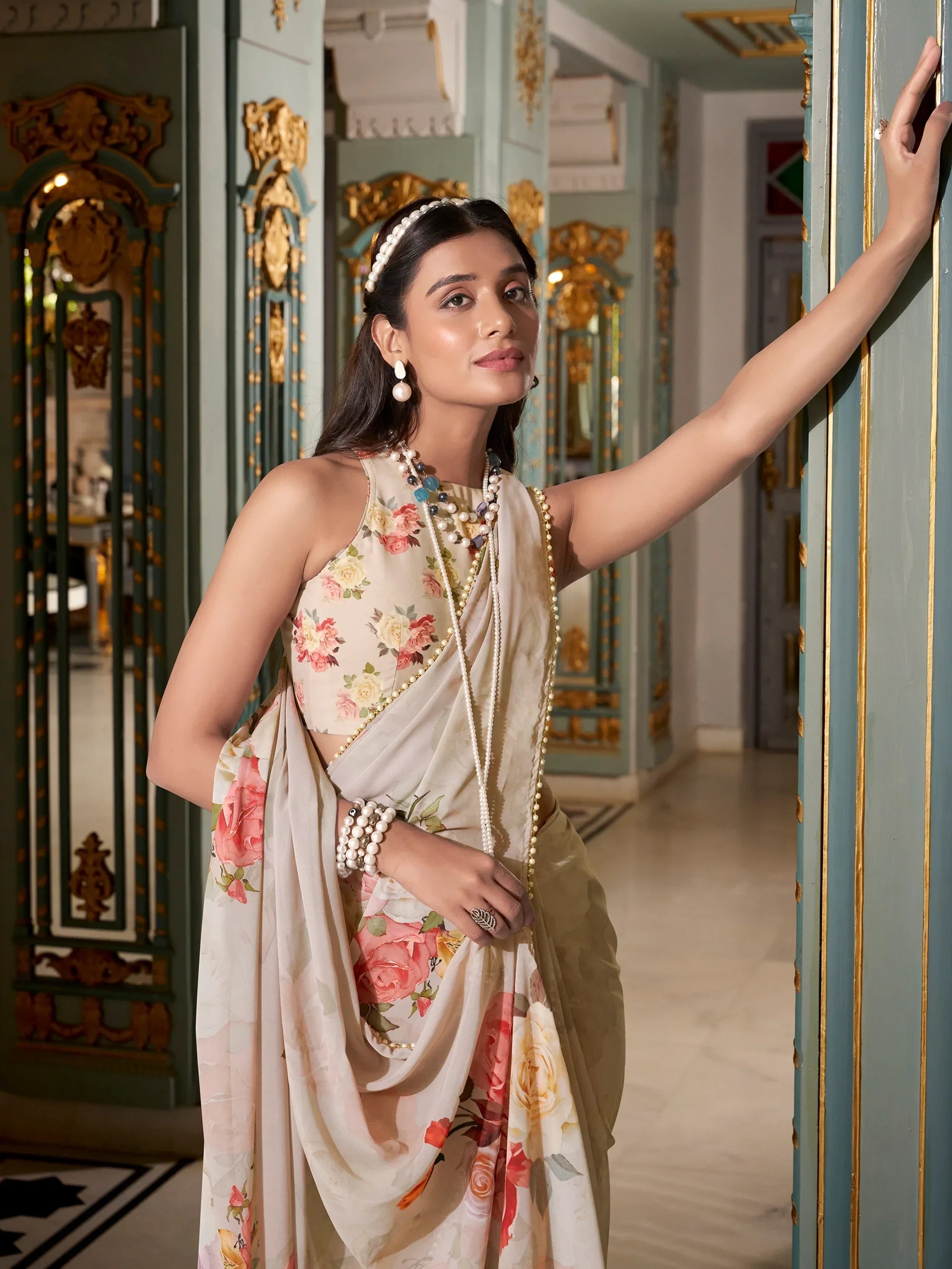 Off White Artistic Georgette Floral Printed Saree With Blouse