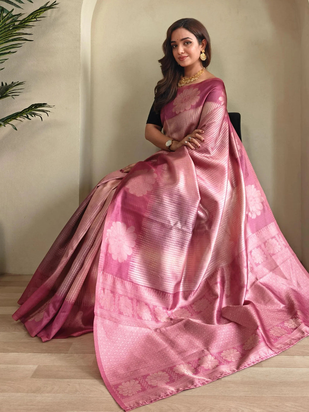 Rich Pink Silk Party Wear Saree With Blouse