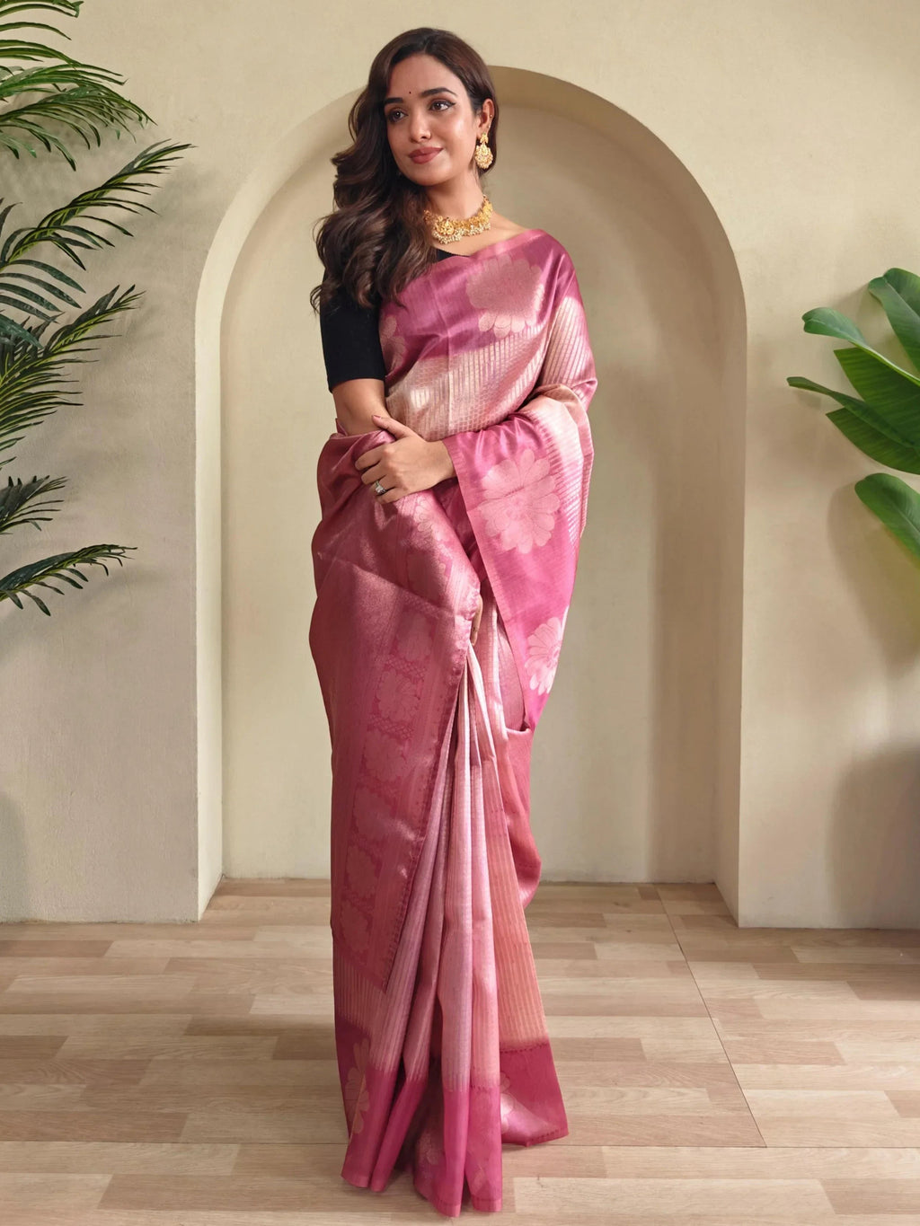Rich Pink Silk Party Wear Saree With Blouse