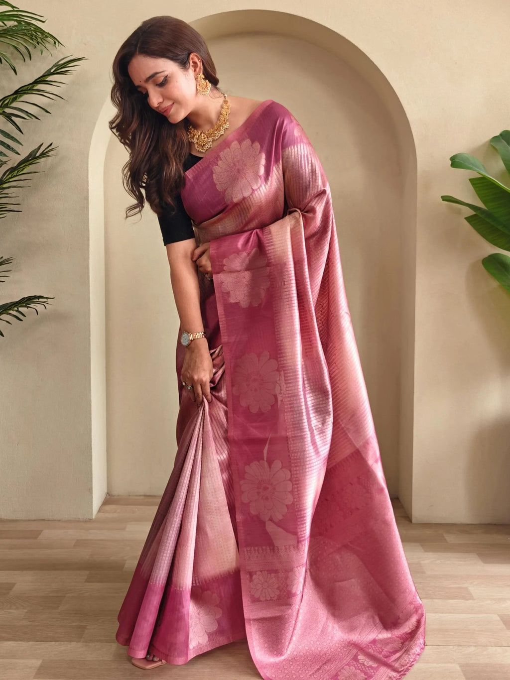 Rich Pink Silk Party Wear Saree With Blouse
