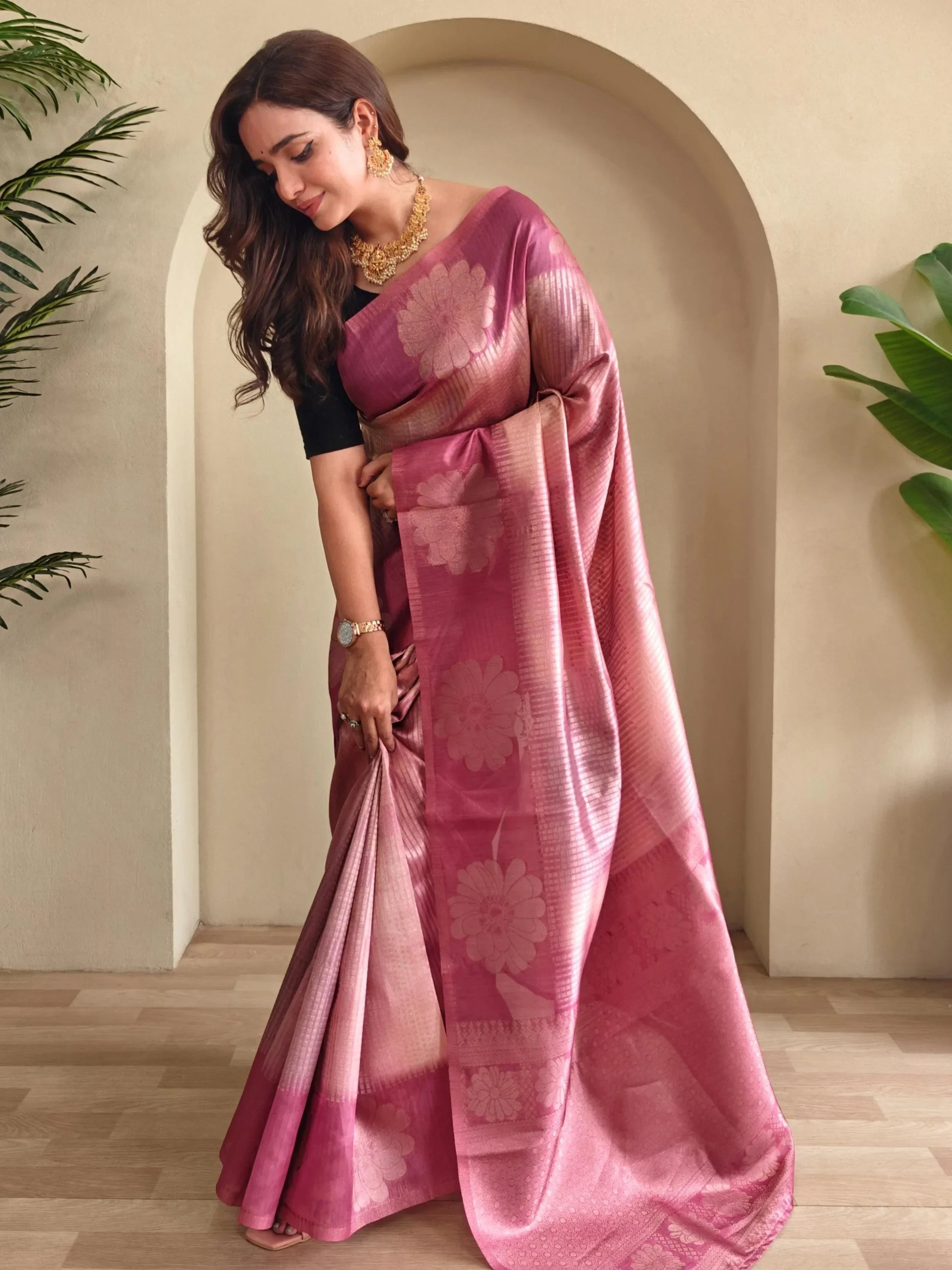 Rich Pink Silk Party Wear Saree With Blouse