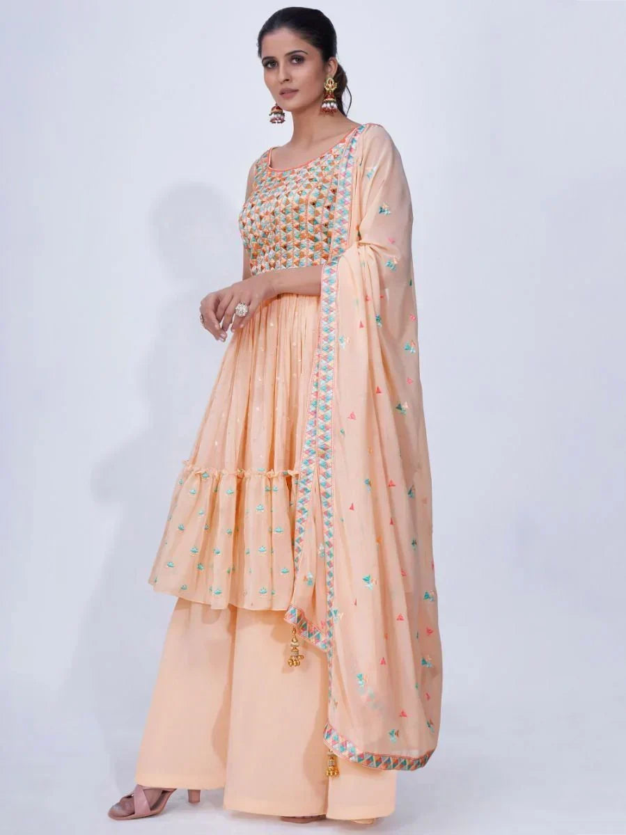 Graceful Peach Thread Embroidery Chiffon Ready-Made Palazzo Suit