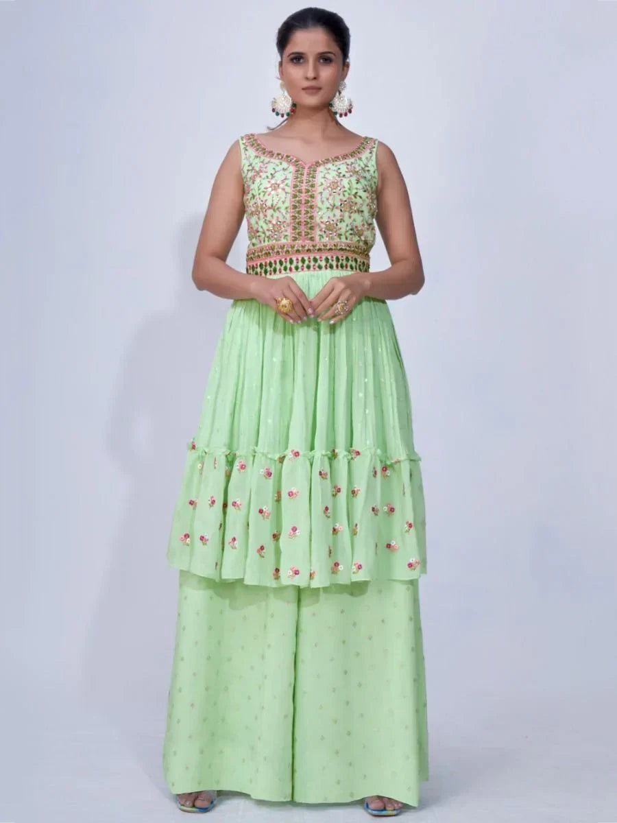 Alluring Mint Green Embroidered Chiffon Ready-Made Palazzo Suit