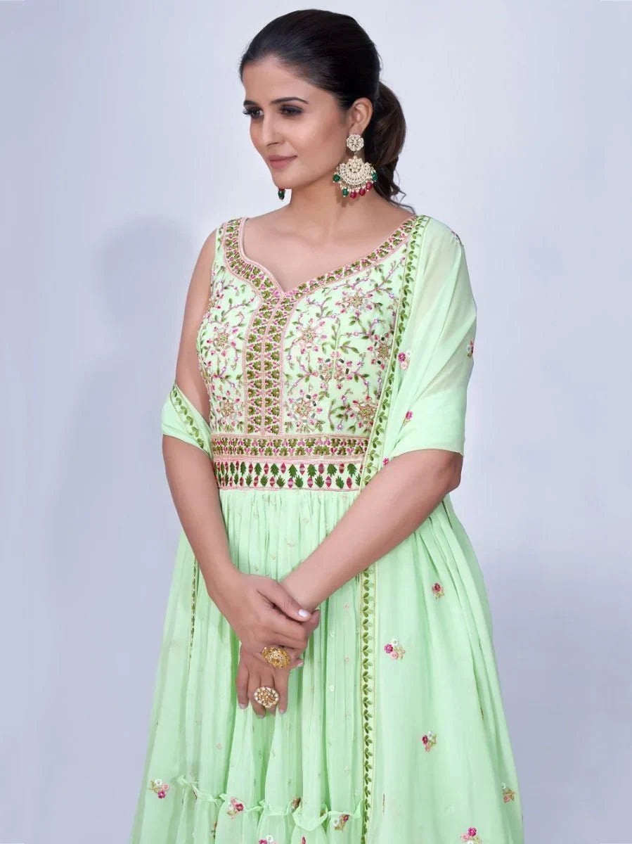Alluring Mint Green Embroidered Chiffon Ready-Made Palazzo Suit
