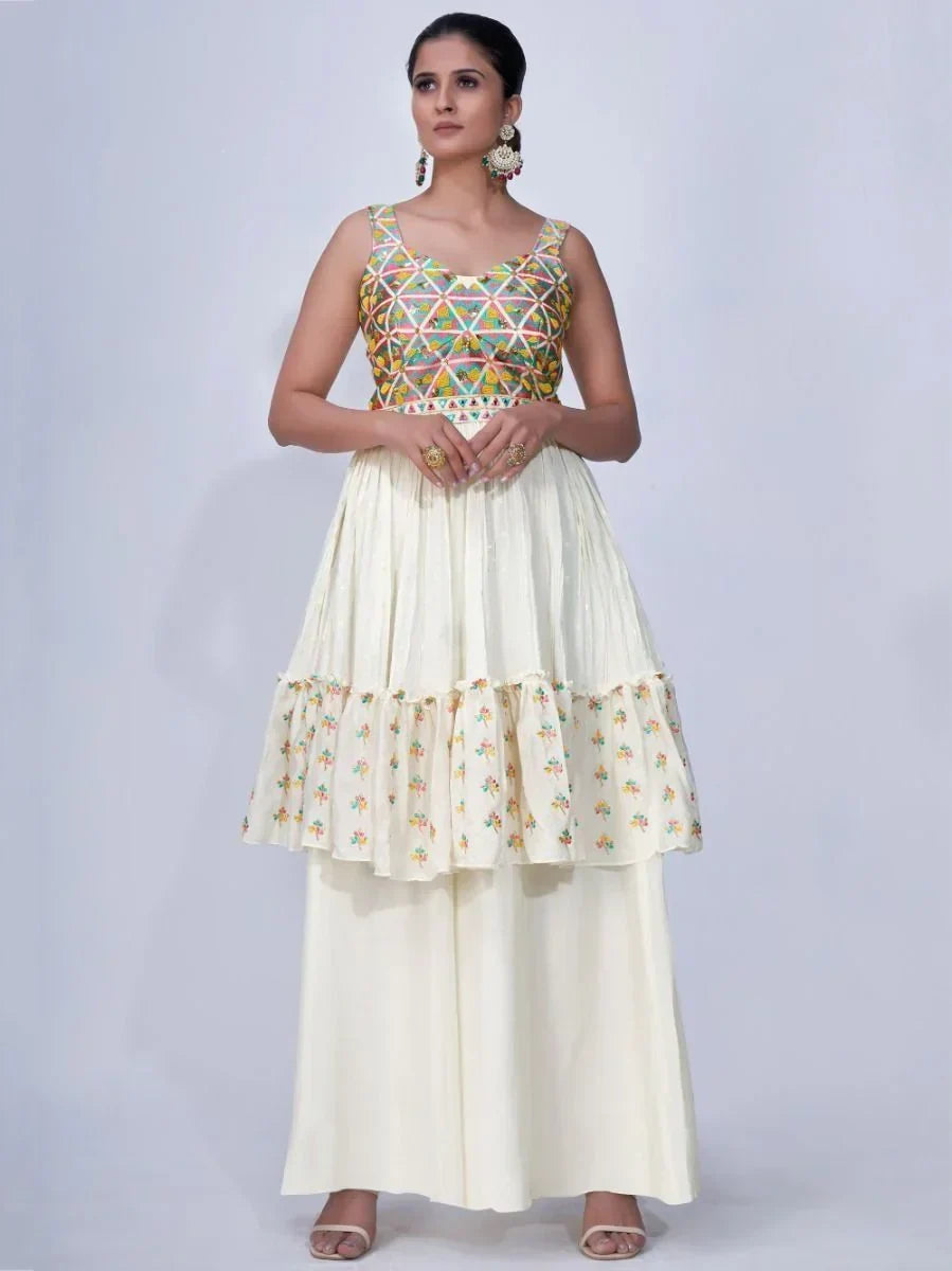 Adorable White Thread Embroidery Chiffon Ready-Made Palazzo Suit