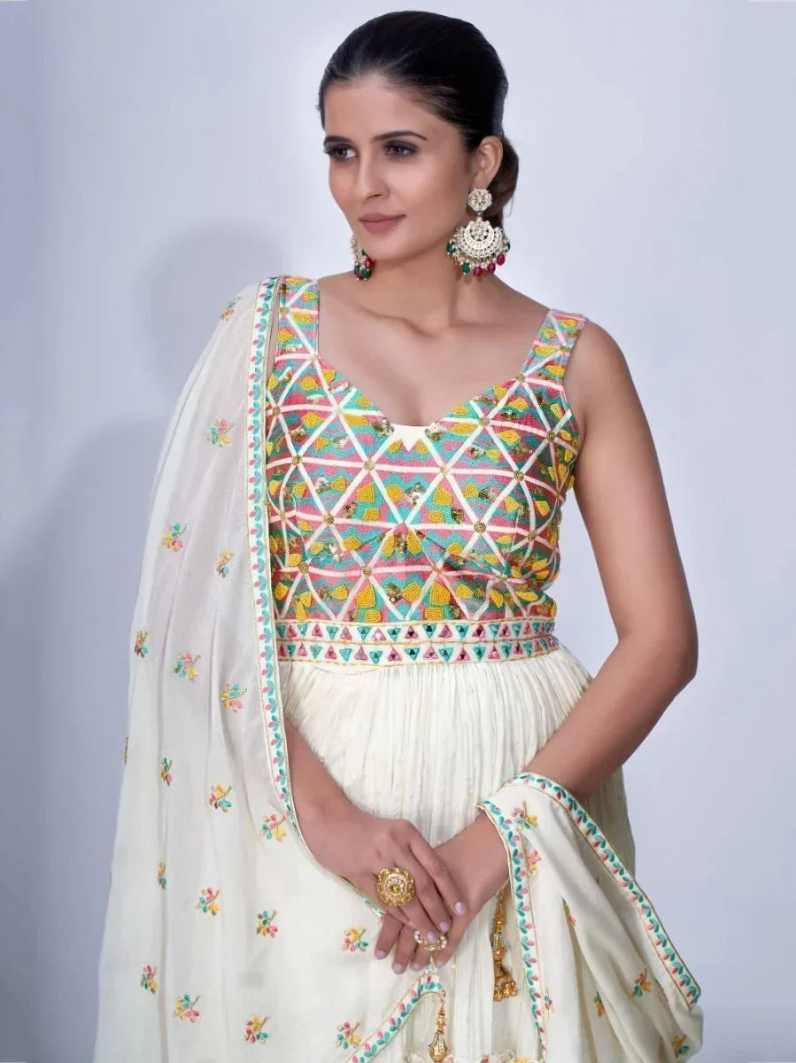 Adorable White Thread Embroidery Chiffon Ready-Made Palazzo Suit