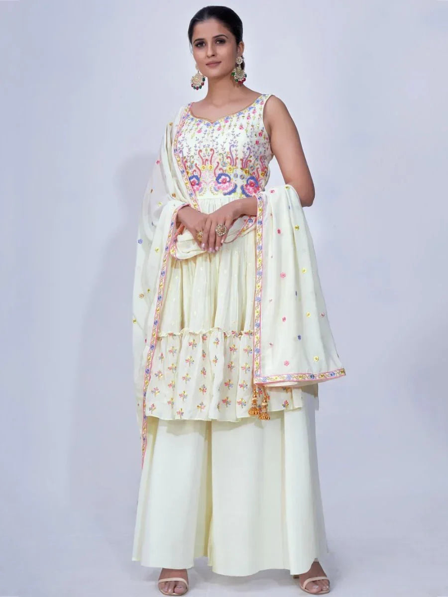 Lavish Off-white Thread Embroidery Chiffon Ready-Made Palazzo Suit