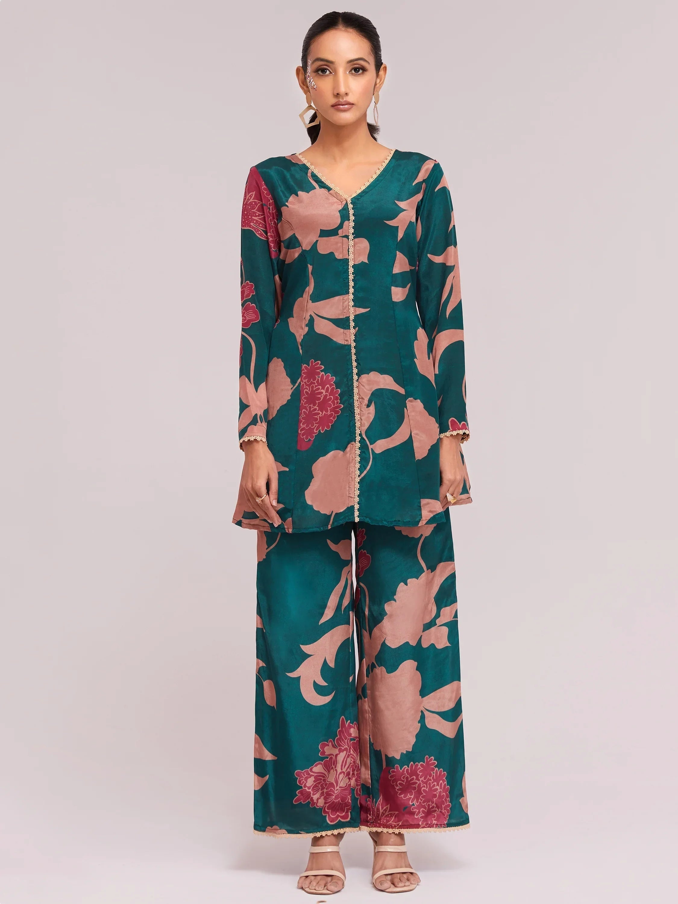 Charming Teal Blue Digital Printed Crepe Casual Wear Co-Ord Set