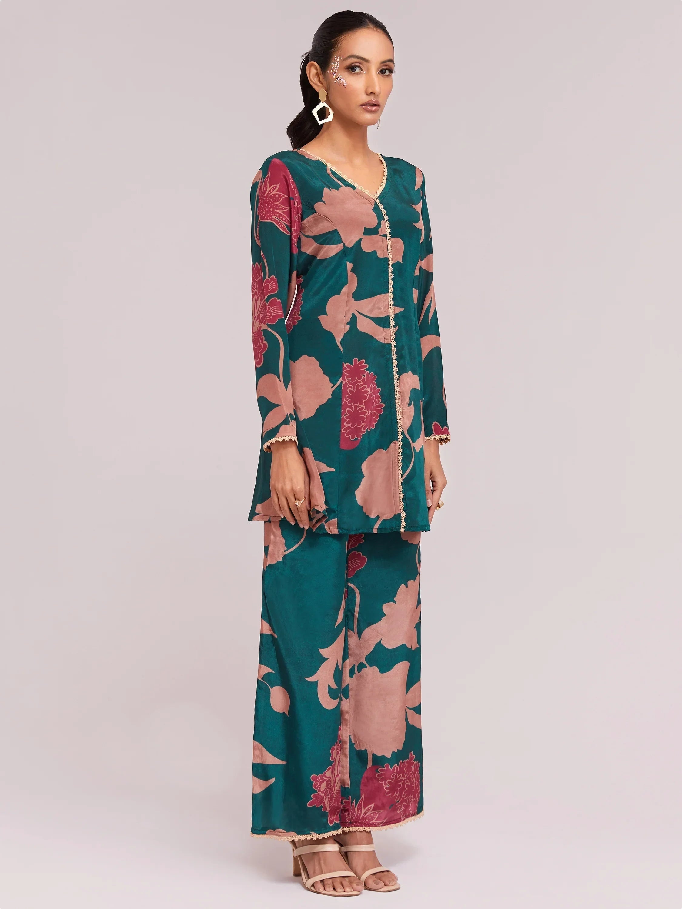 Charming Teal Blue Digital Printed Crepe Casual Wear Co-Ord Set