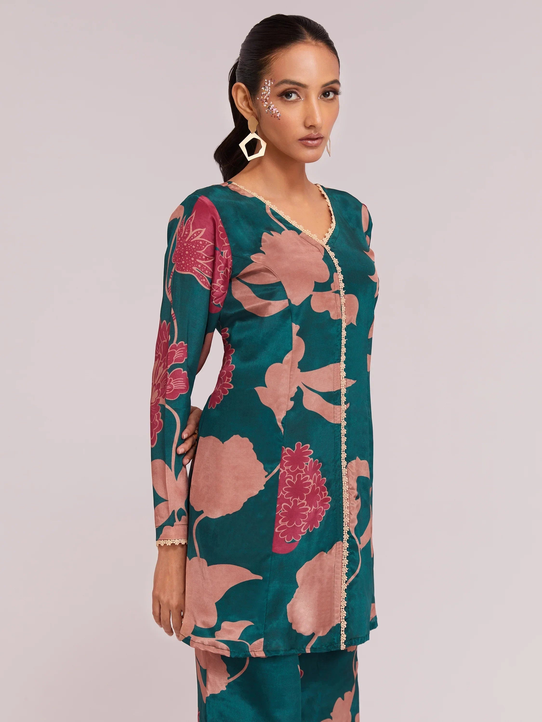 Charming Teal Blue Digital Printed Crepe Casual Wear Co-Ord Set