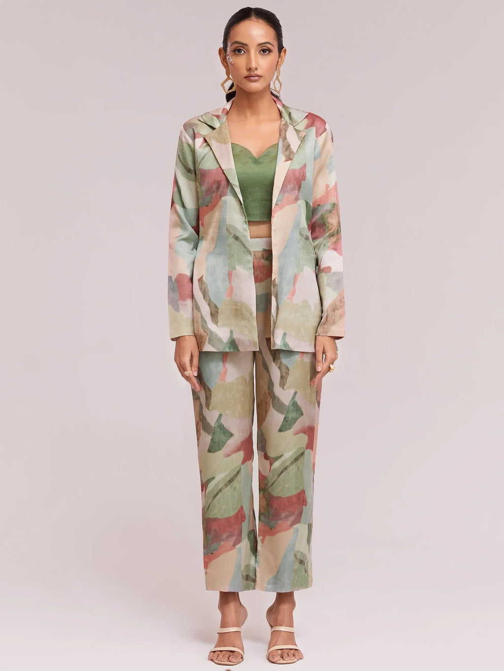 Excellent Multi-Color Satin Stylist Crop Top And Pant With Blazer