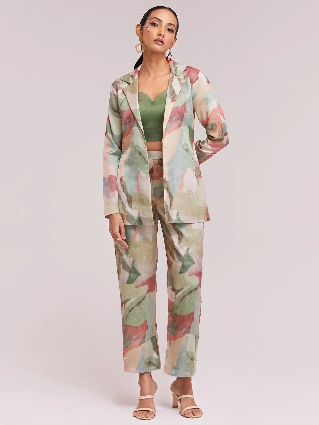 Excellent Multi-Color Satin Stylist Crop Top And Pant With Blazer