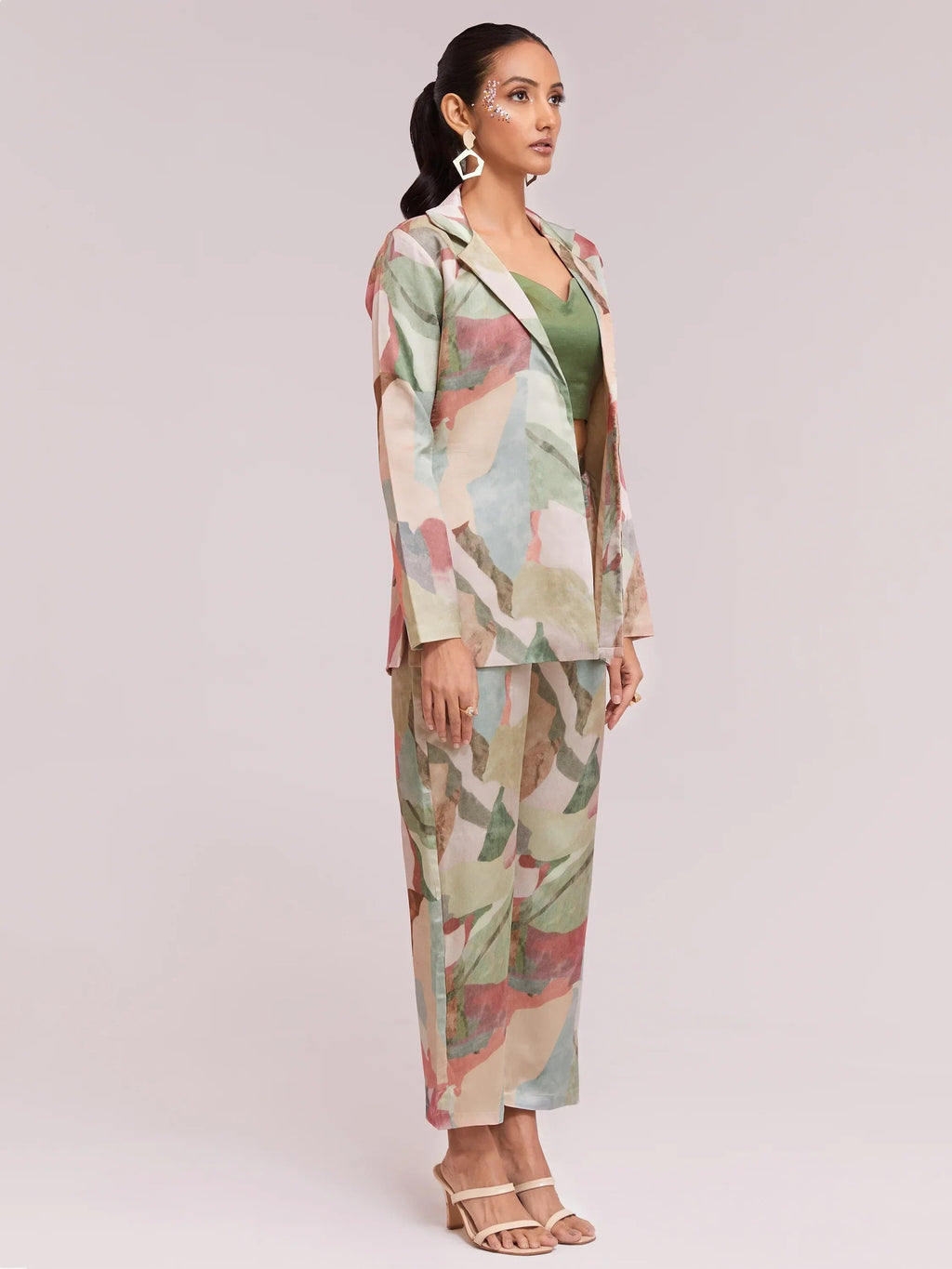 Excellent Multi-Color Satin Stylist Crop Top And Pant With Blazer