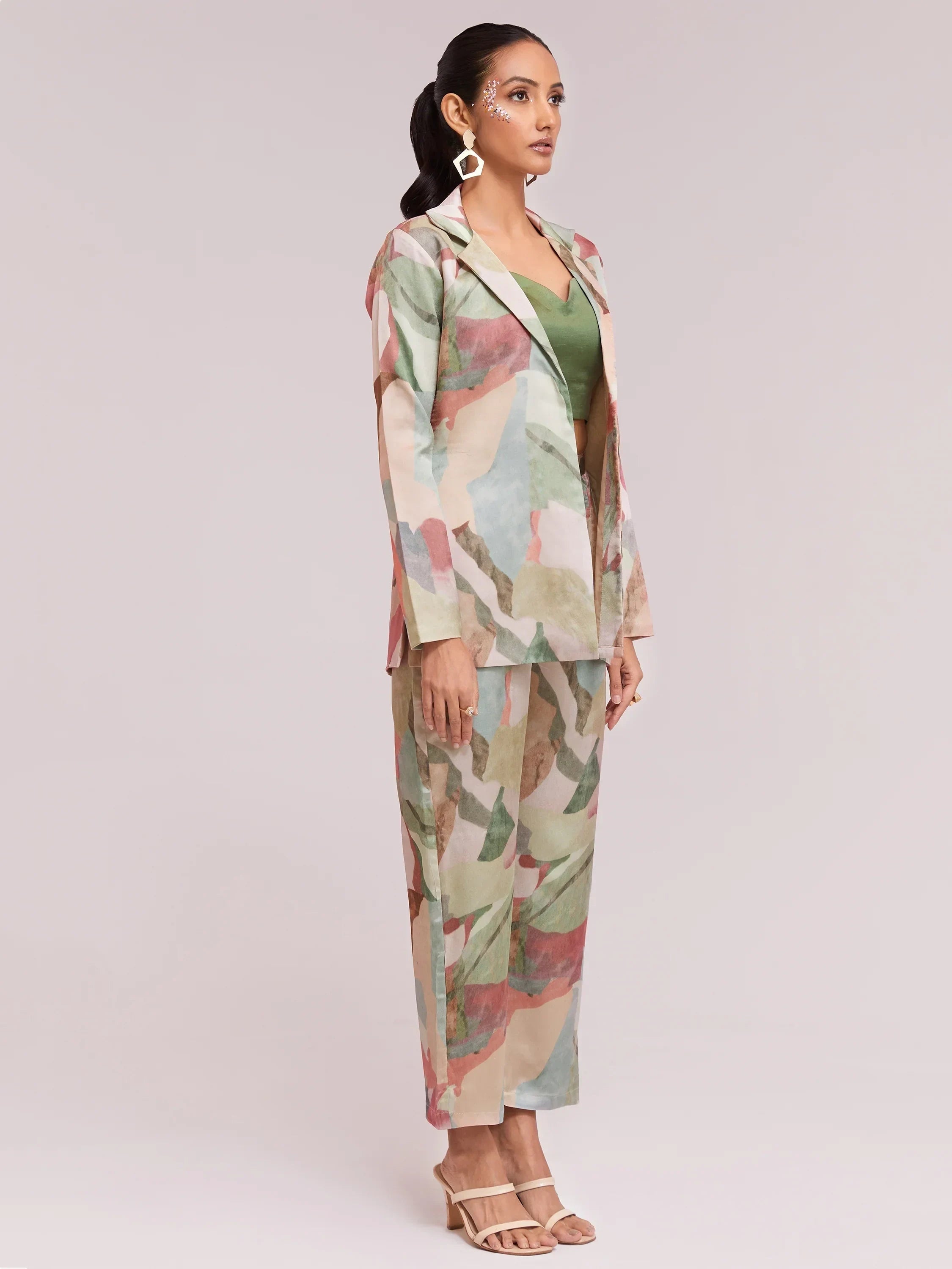 Excellent Multi-Color Satin Stylist Crop Top And Pant With Blazer